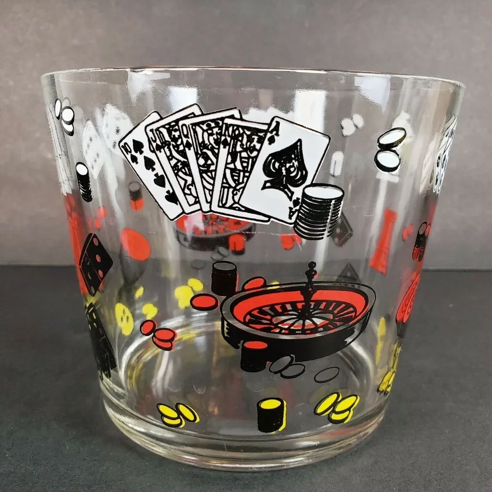 Vtg Clear Glass Ice Bucket Poker Chess Gambling Casino Theme Barware MCM